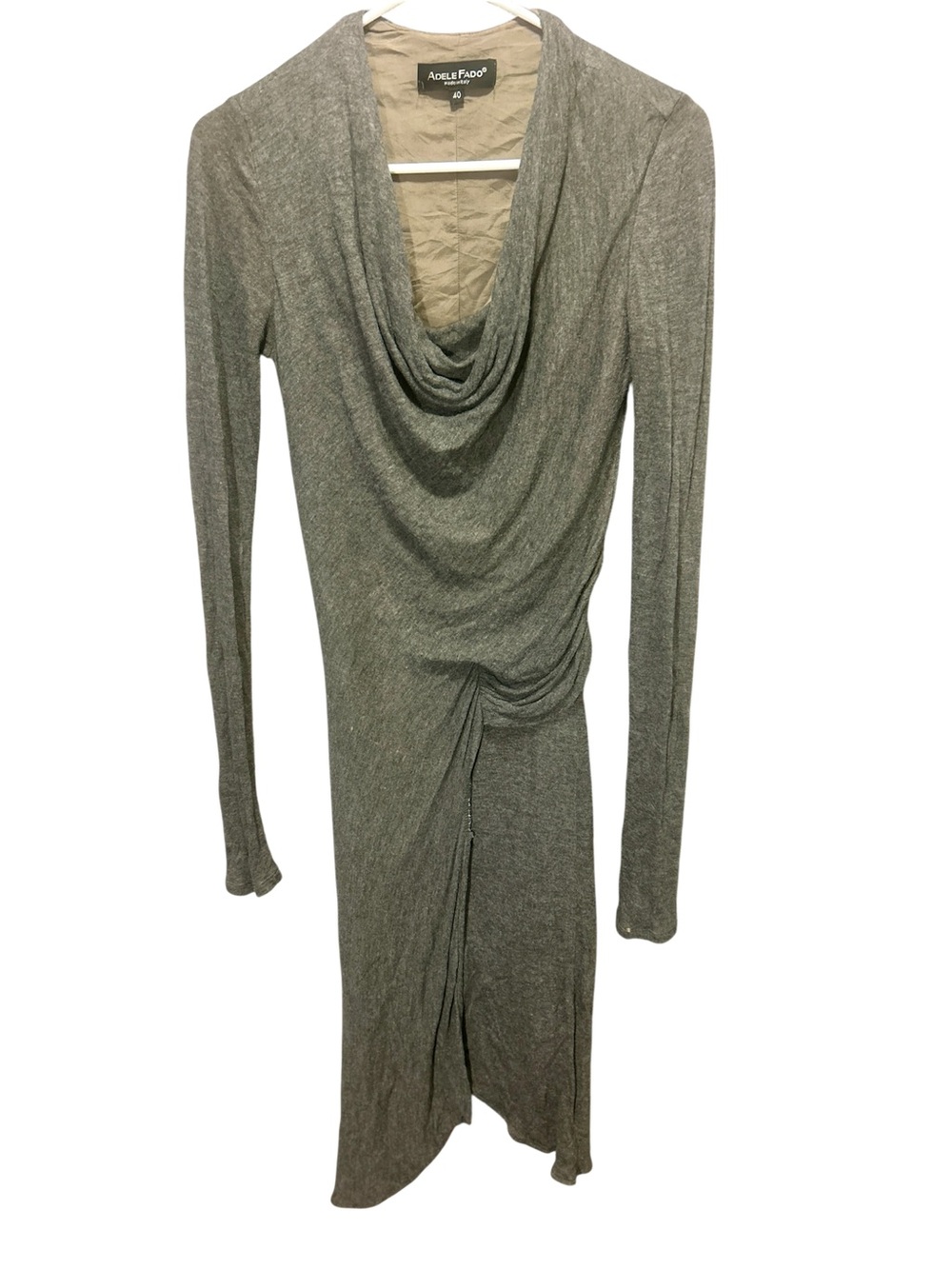 Adele Fado Italy Gray Draped Cowl Neck Midi Dress Size 40 US 2/4 Ruched Jersey